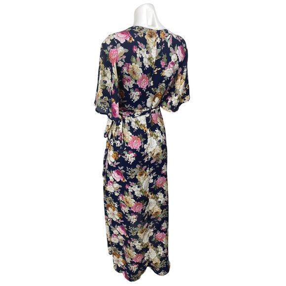 Women's Multicolor Floral Short Flutter Sleeve V Neck Maxi Wrap Dress One Size - Picture 2 of 4